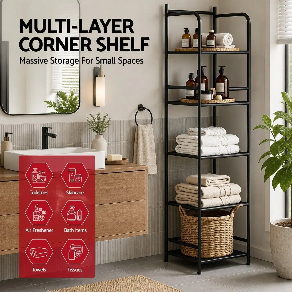 Floor Standing Corner Shower Caddy 5 Tier Bathroom Storage Organizer Black