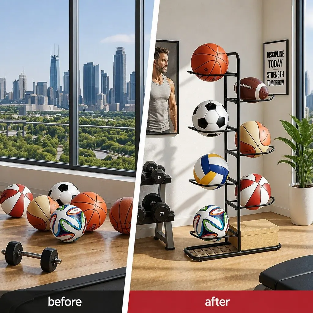 Ball Storage Rack 7-Tier Sports Equipment Organizer Holder for Garage Gym Black