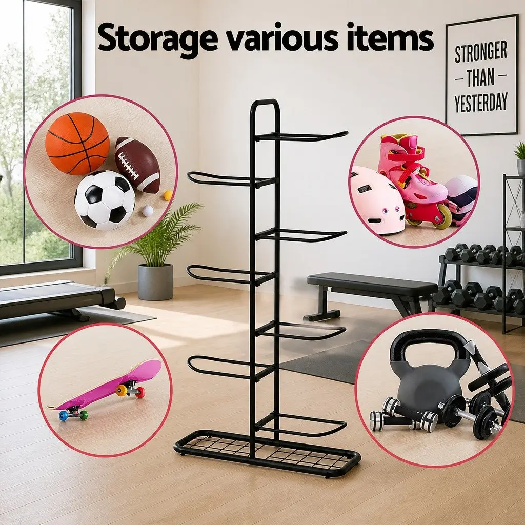 Ball Storage Rack 7-Tier Sports Equipment Organizer Holder for Garage Gym Black