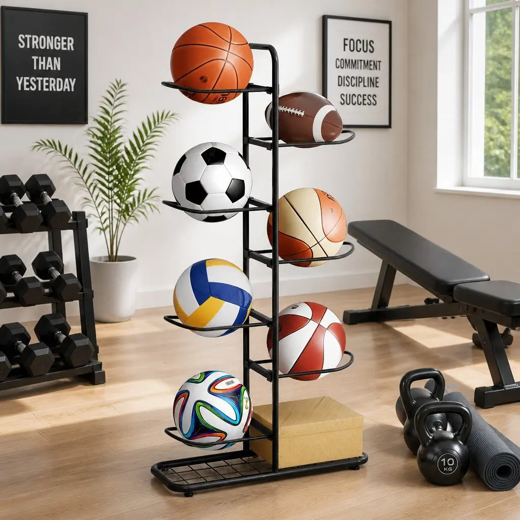 Ball Storage Rack 7-Tier Sports Equipment Organizer Holder for Garage Gym Black
