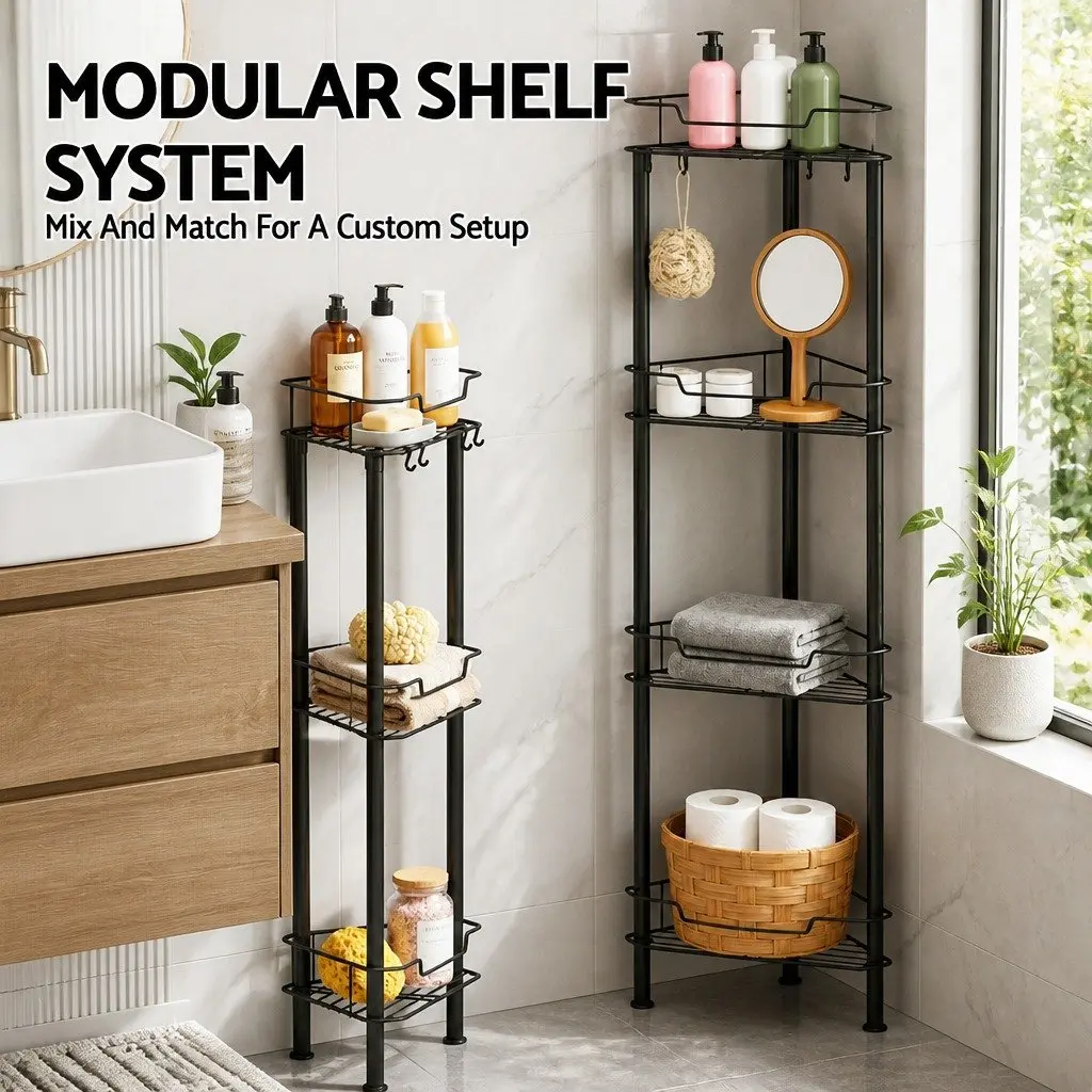 Floor Standing Shower Caddy 4 Tier Bathroom Storage Organiser Rustproof Black