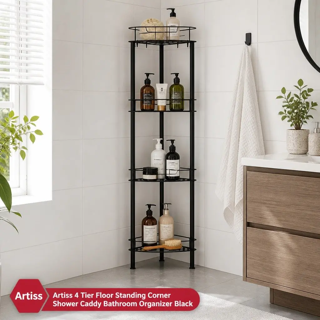 Corner Shower Caddy Bathroom Organizer 4 Tier Compact Vertical Storage Black