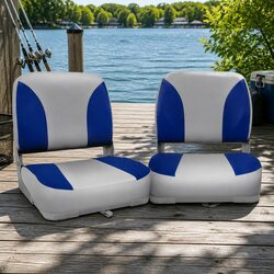 Folding Boat Seats Swivel Low Back Marine Seating Grey Blue 13cm Padding Set of