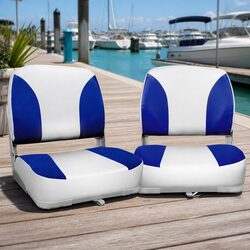 Folding Boat Seat Swivel Marine Low Back Padded White Blue Water Resistant Pair