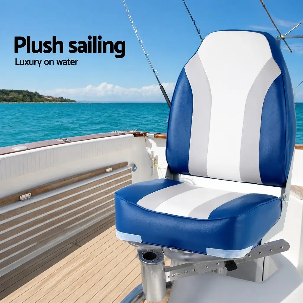 Folding Boat Seats 2 Pack Marine Swivel High Back 12cm Padding Grey Blue