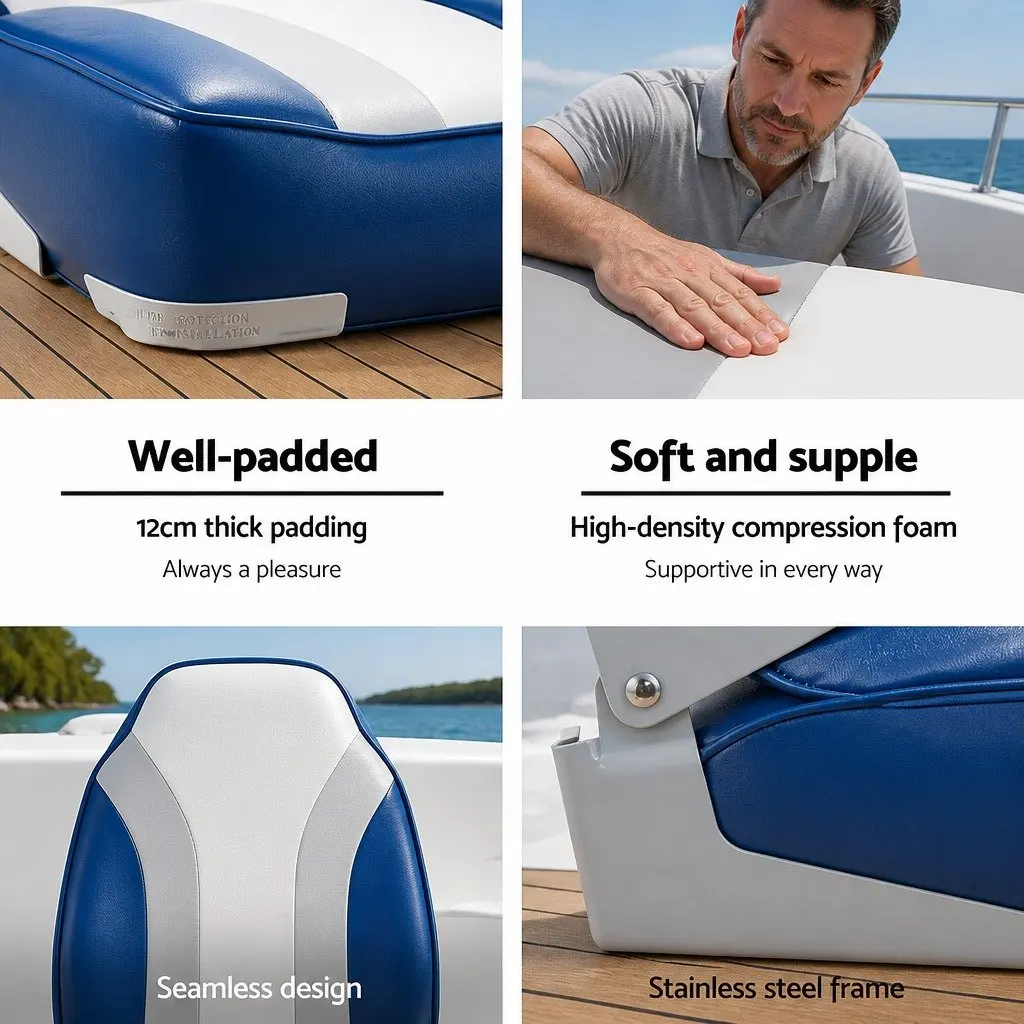 Folding Boat Seats 2 Pack Marine Swivel High Back 12cm Padding Grey Blue