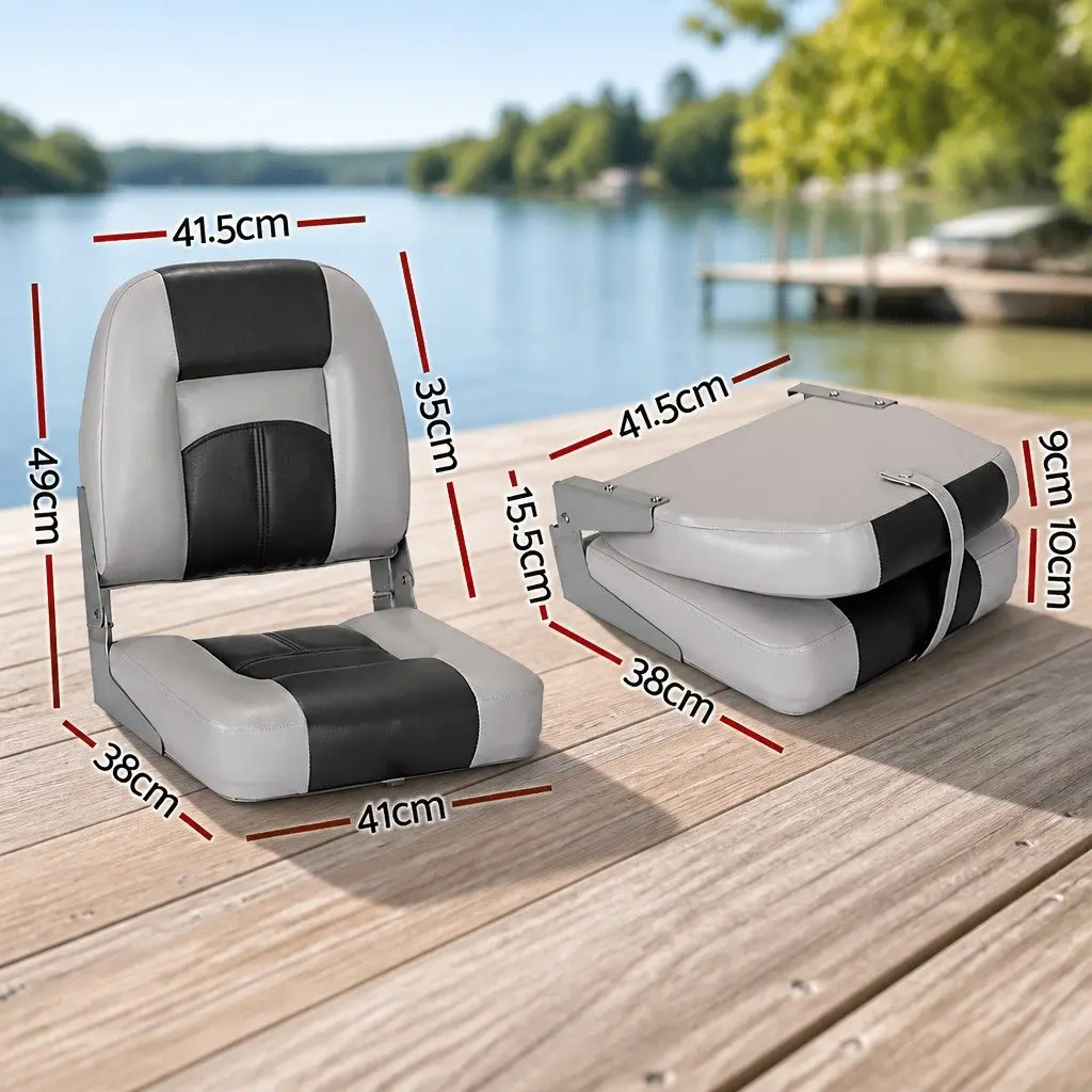 Swivel Folding Boat Seats Pair Low Back Cushion Marine Charcoal Grey 10cm