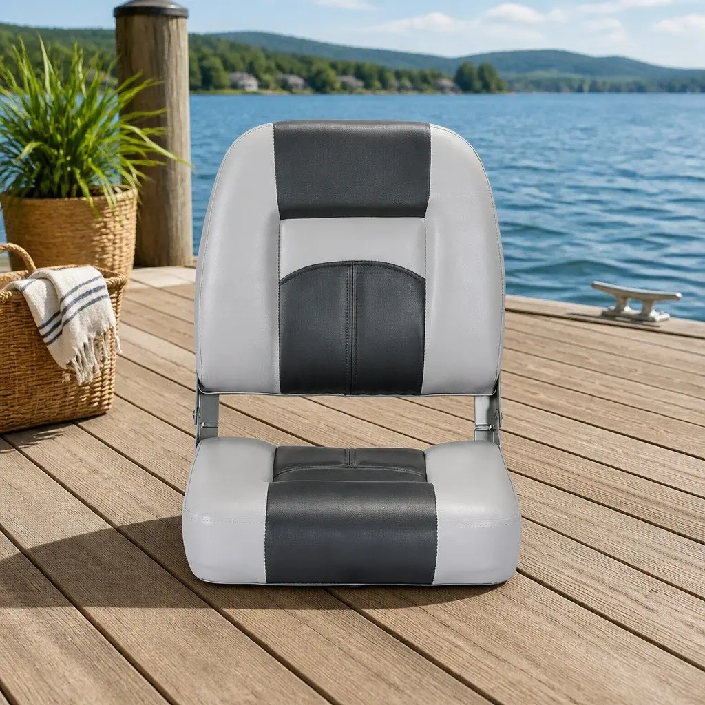 Swivel Folding Boat Seats Pair Low Back Cushion Marine Charcoal Grey 10cm