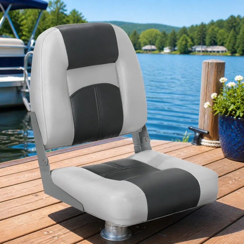 Swivel Folding Boat Seats Pair Low Back Cushion Marine Charcoal Grey 10cm