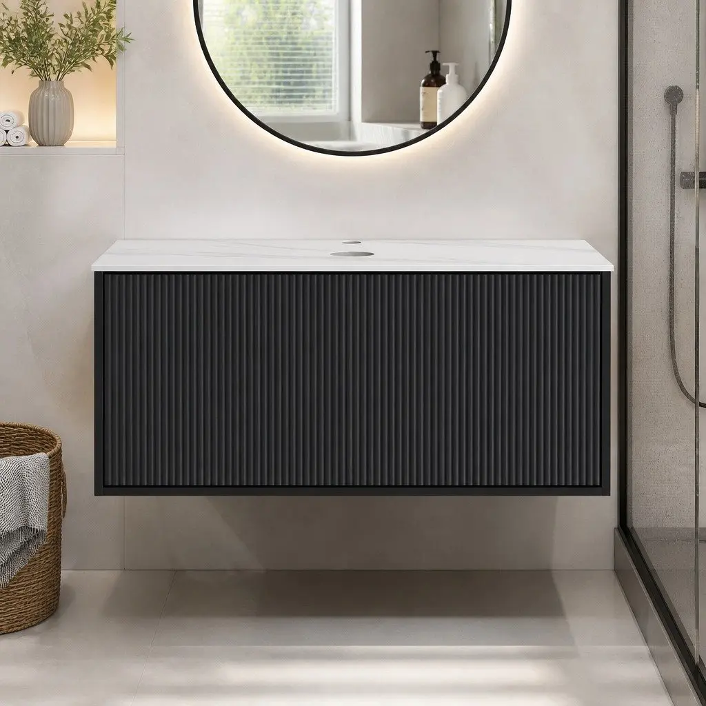Wall Hung Bathroom Vanity Unit 900mm Black Cabinet Storage Sintered Stone Countertop
