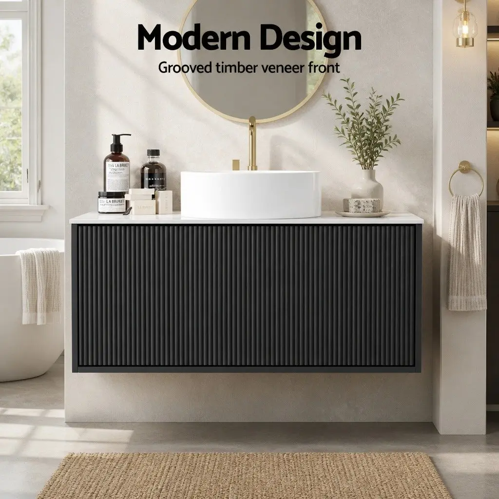 Wall Hung Bathroom Vanity Unit 900mm Black Cabinet Storage Sintered Stone Countertop