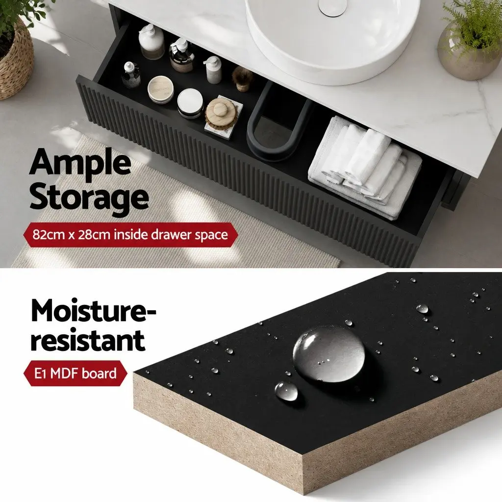 Wall Hung Bathroom Vanity Unit 900mm Black Cabinet Storage Sintered Stone Countertop