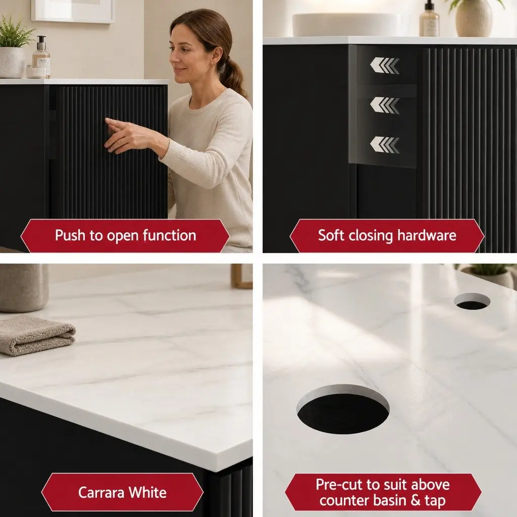 Wall Hung Bathroom Vanity Unit 900mm Black Cabinet Storage Sintered Stone Countertop