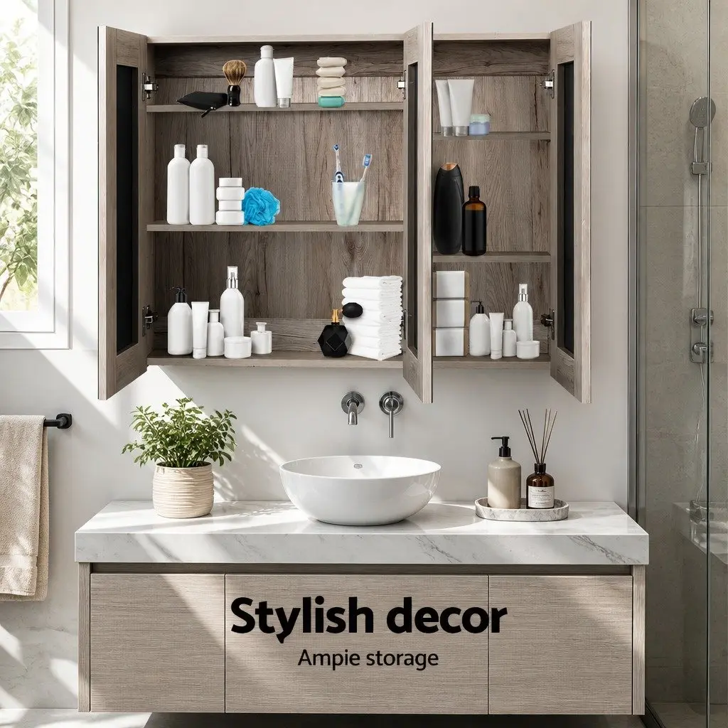 Bathroom Mirror Cabinet Storage Cupboard 900x720mm Natural