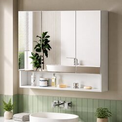 Bathroom Mirror Cabinet Wall Hung Storage 900x750mm White Adjustable Shelves