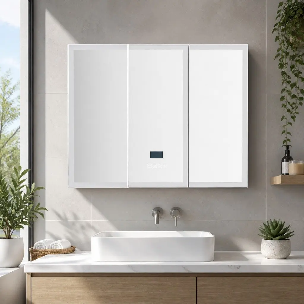 Bathroom Mirror Cabinet White LED Light 900x720mm Wall-Mounted Storage with Anti-Fog Bluetooth Audio and Adjustable Brightness