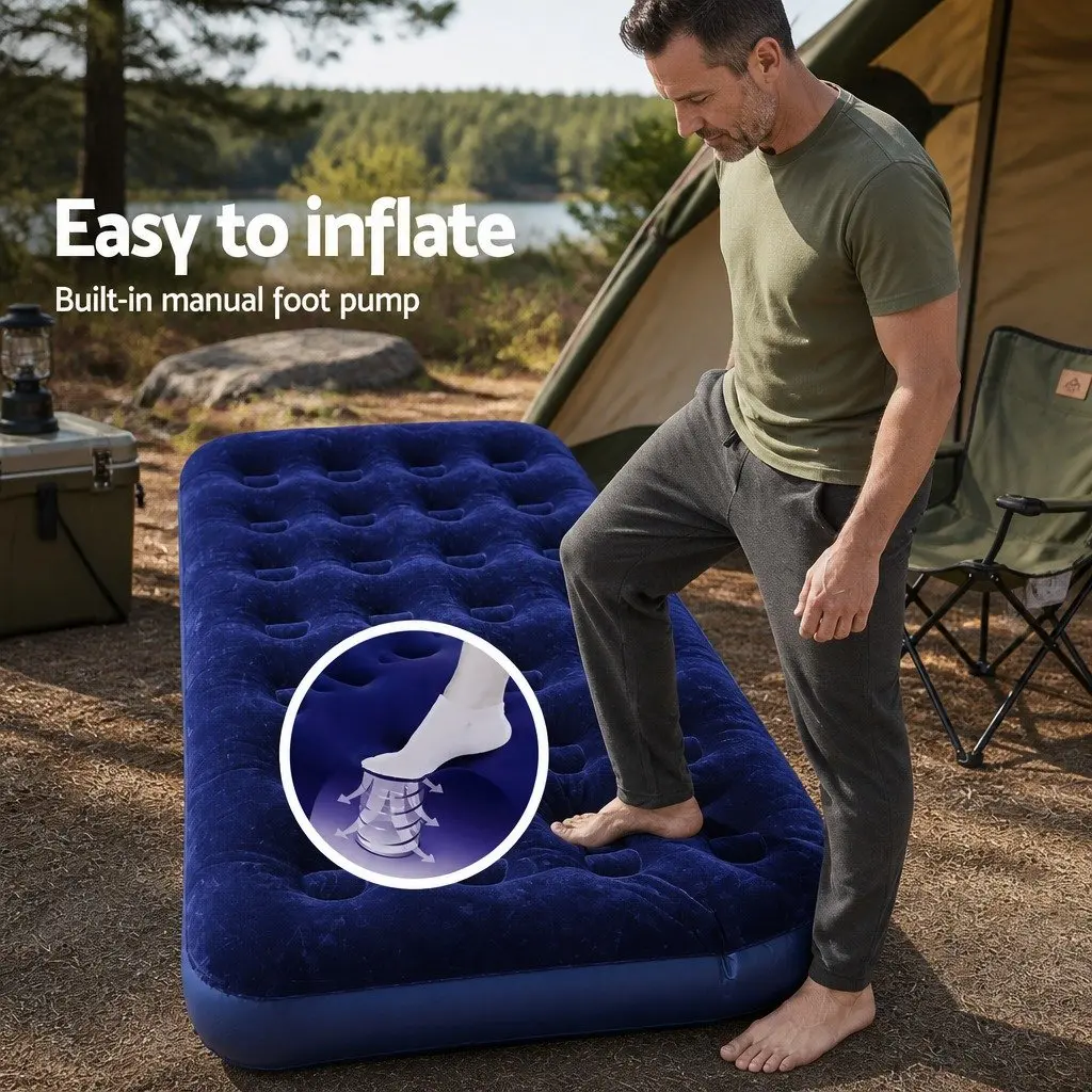 Single Air Mattress Inflatable Bed Coil-Beam 185 x 76 x 22cm Navy Indoor Outdoor Camping Sleep