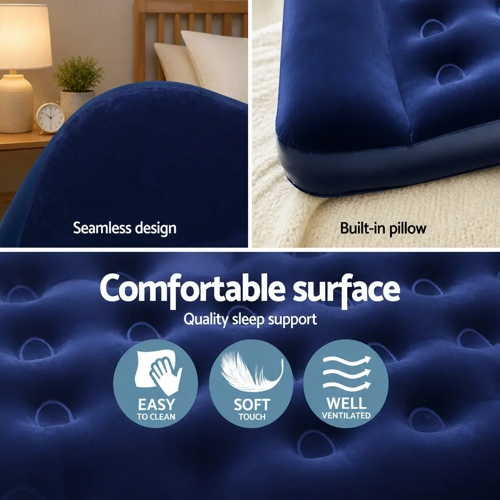 Single Air Mattress Inflatable Bed Coil-Beam 185 x 76 x 22cm Navy Indoor Outdoor Camping Sleep