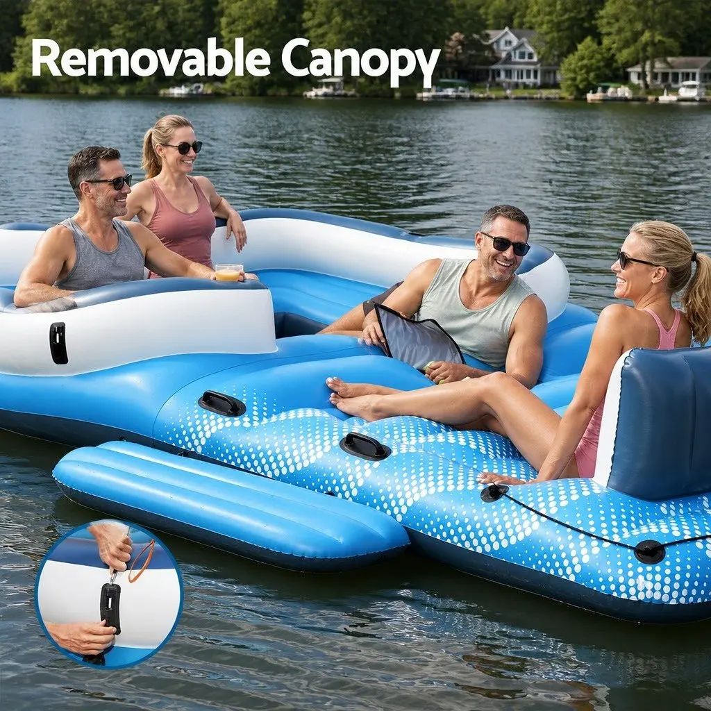 Inflatable Pool Float Island Lounge 6-Person Canopy 3.73m x 2.64m Multicolour