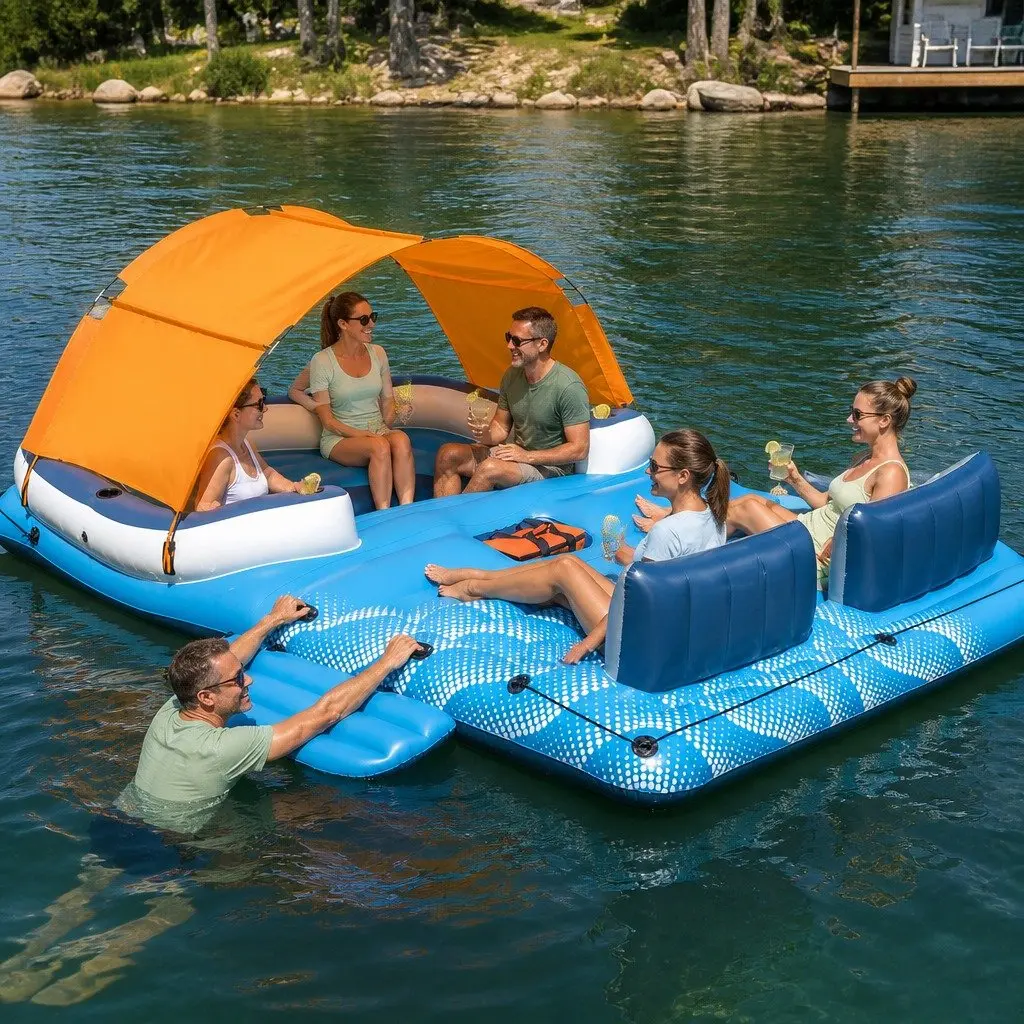 Inflatable Pool Float Island Lounge 6-Person Canopy 3.73m x 2.64m Multicolour