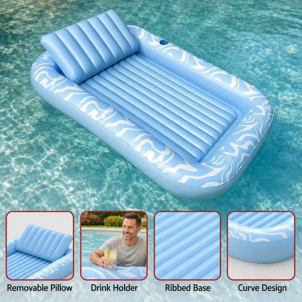 Inflatable Pool Float Lounger Floating Seat Lounge Chair with Pillow and Cup Holder Multicolour 203cm x 137cm x 25cm