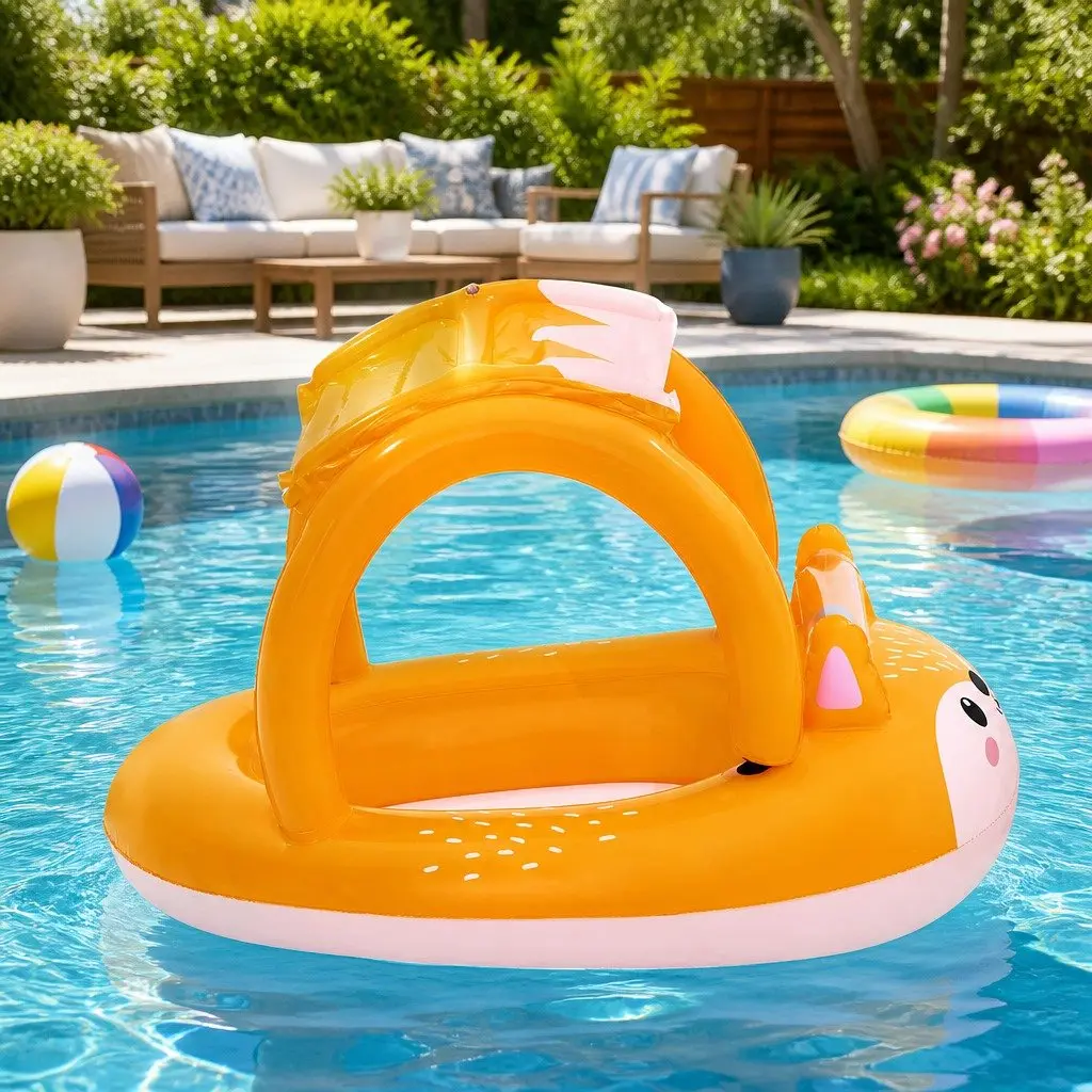 Kids Inflatable Fox Swim Float Pool Toy with Canopy Sunshade 94cm x 60cm x 66cm Multicolour