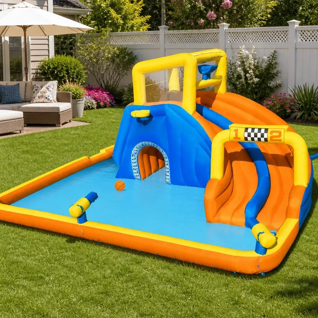 Kids Inflatable Water Park Outdoor Play Area 551cm x 502cm x 265cm Multi-Colour with Water Slides Climbing Walls Splash Pool and Games