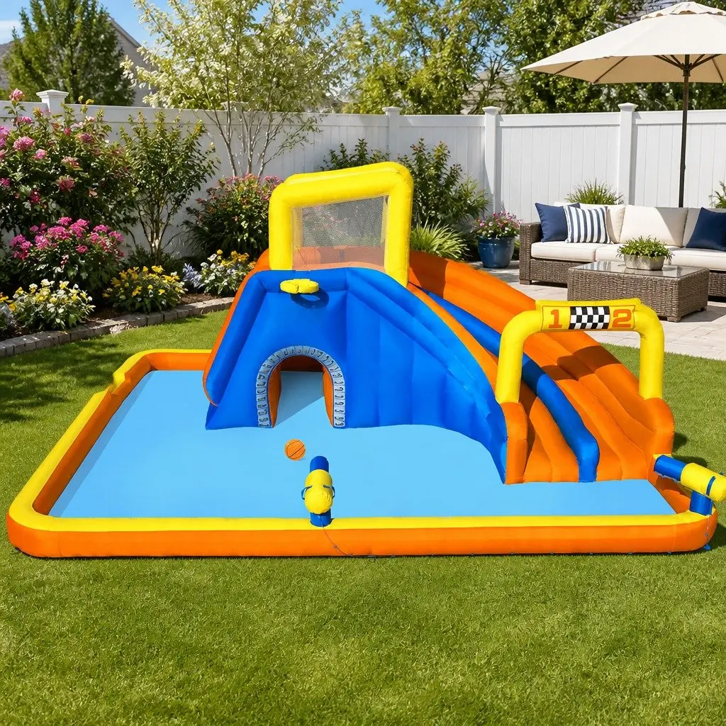 Kids Inflatable Water Park Outdoor Play Area 551cm x 502cm x 265cm Multi-Colour with Water Slides Climbing Walls Splash Pool and Games