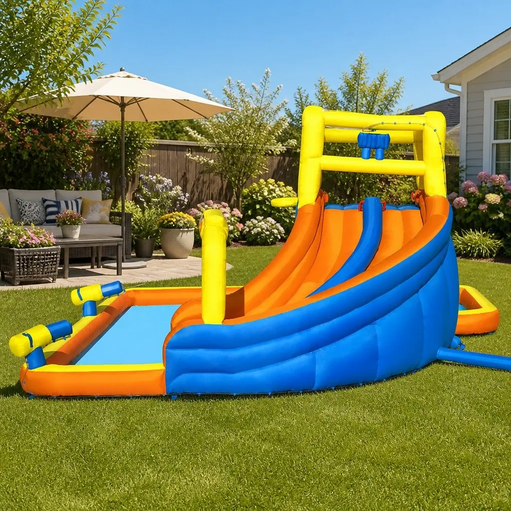 Kids Inflatable Water Park Outdoor Play Area 551cm x 502cm x 265cm Multi-Colour with Water Slides Climbing Walls Splash Pool and Games