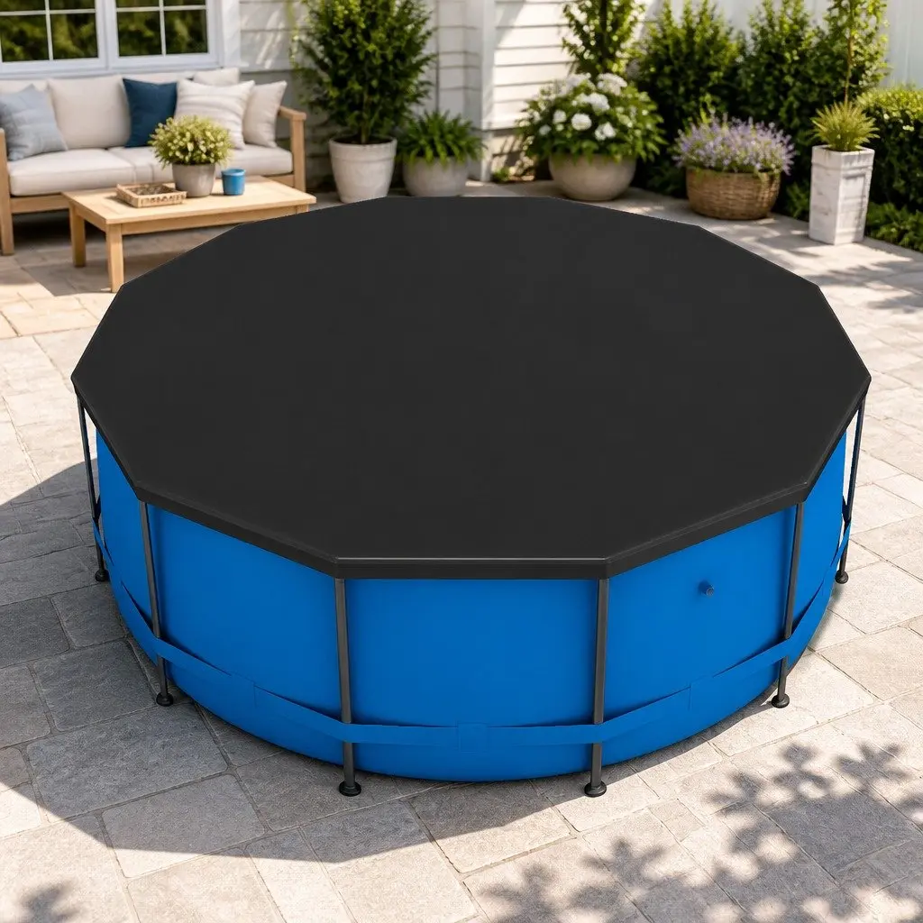 Round Pool Cover UV-Resistant 3.7m Diameter Black PVC Blanket with Drainage Holes