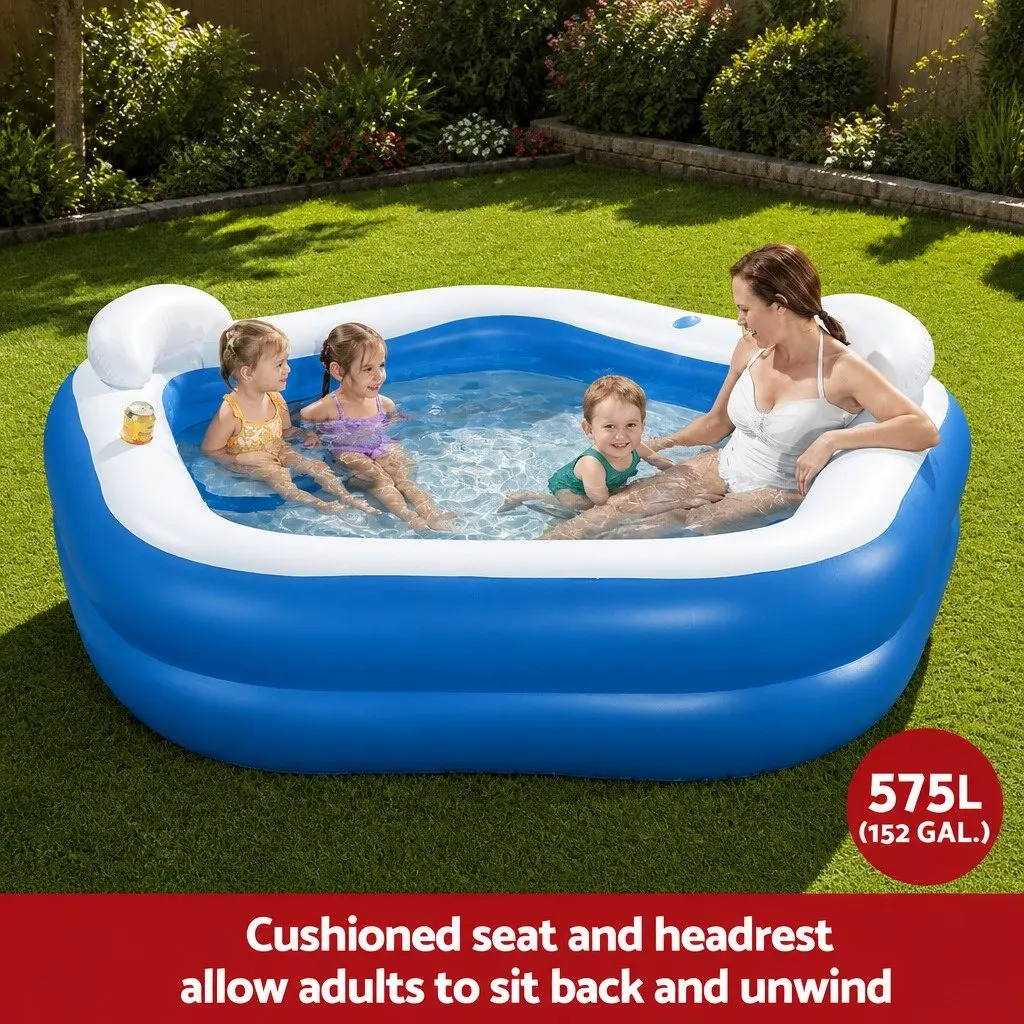 Kids Inflatable Above Ground Pool with Cup Holders Seat Cushions Headrests 2.13m L x 2.06m W x 69cm H Multicolour