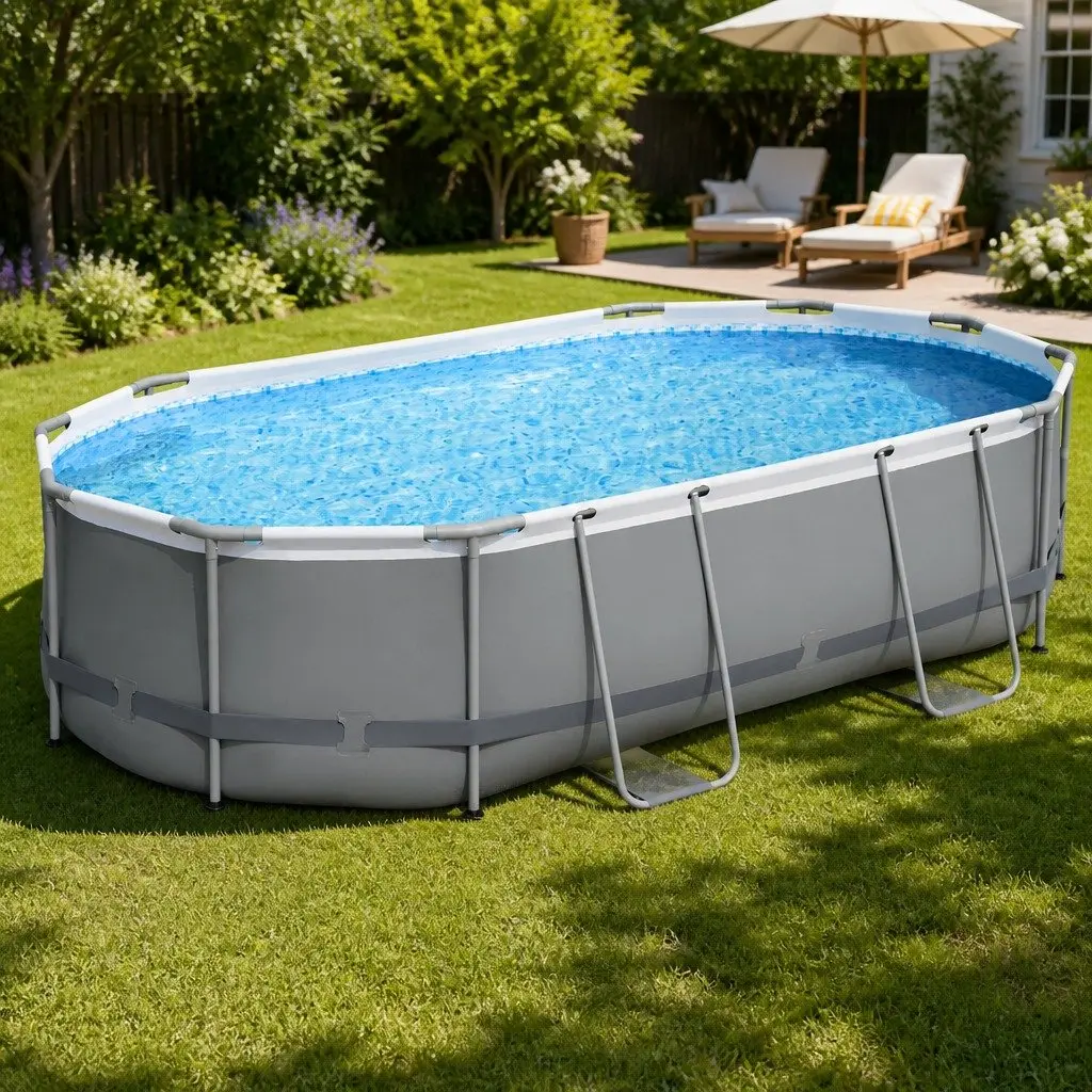 Steel Frame Swimming Pool 488x305x107cm Grey Complete Set with Filter Pump Ladder Cover