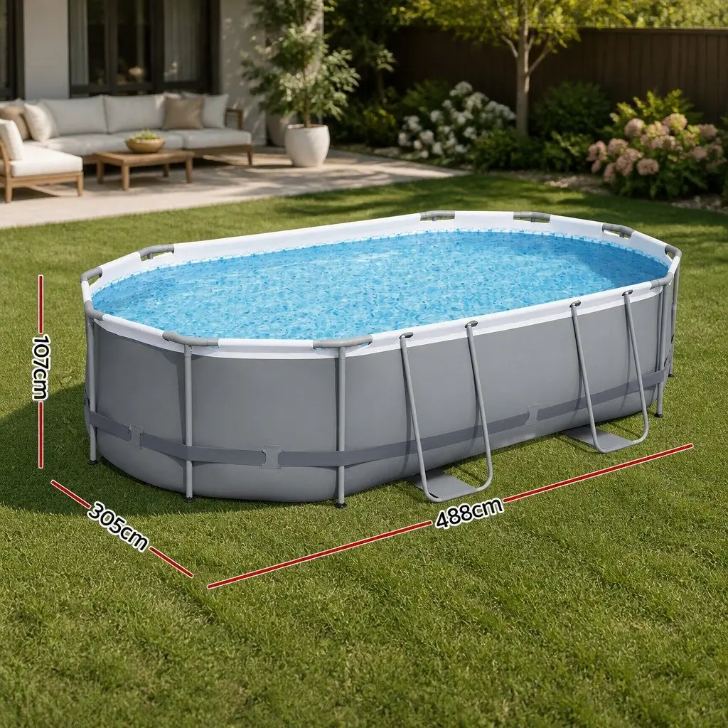 Steel Frame Swimming Pool 488x305x107cm Grey Complete Set with Filter Pump Ladder Cover
