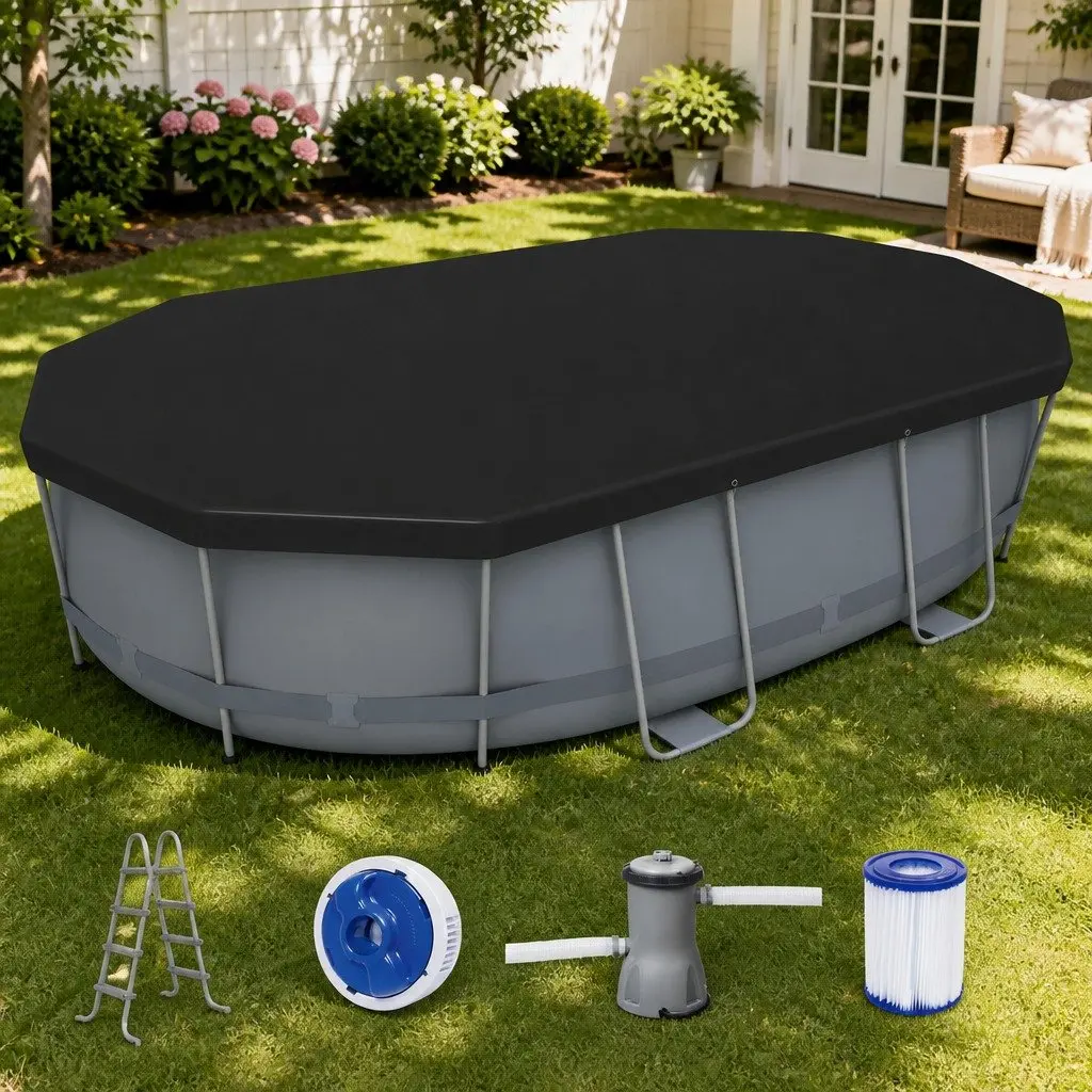 Steel Frame Swimming Pool 488x305x107cm Grey Complete Set with Filter Pump Ladder Cover