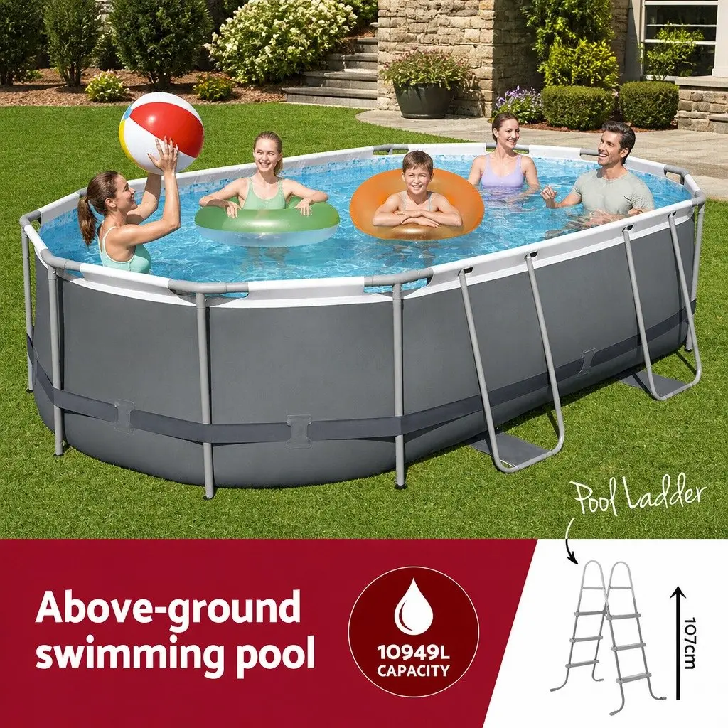 Steel Frame Swimming Pool 488x305x107cm Grey Complete Set with Filter Pump Ladder Cover