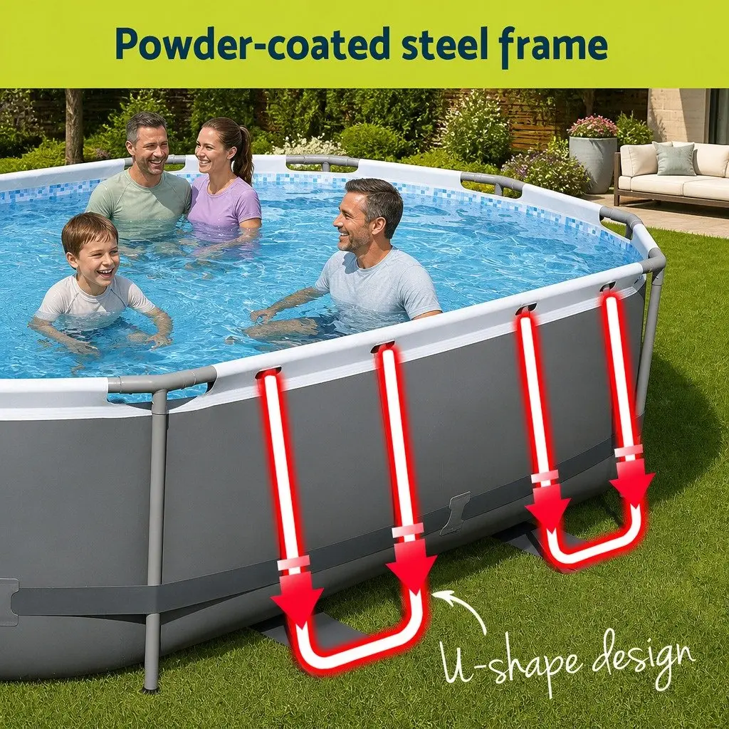 Steel Frame Swimming Pool 488x305x107cm Grey Complete Set with Filter Pump Ladder Cover
