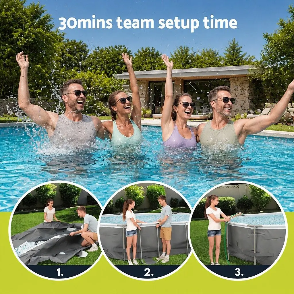 Steel Frame Swimming Pool 488x305x107cm Grey Complete Set with Filter Pump Ladder Cover