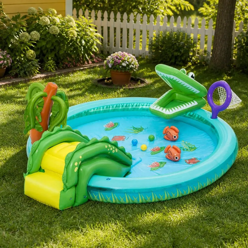 Kids Inflatable Splash Play Pool Crocodile Slide 224cm Multicolour