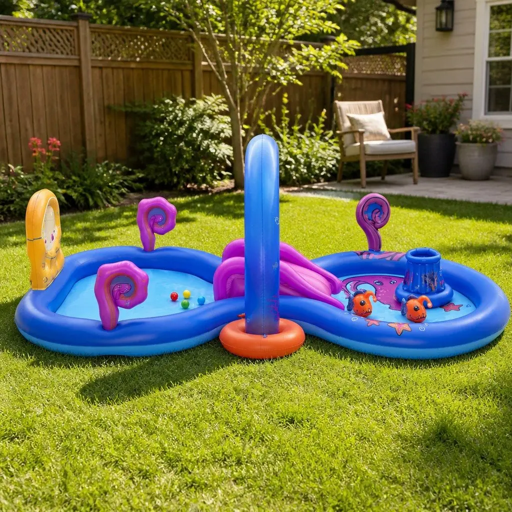 Kids Inflatable Play Pool Deep Sea Theme with Slide and Ball Tossing Toys 330cm x 188cm Multicolour