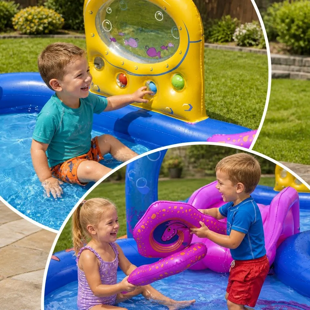 Kids Inflatable Play Pool Deep Sea Theme with Slide and Ball Tossing Toys 330cm x 188cm Multicolour