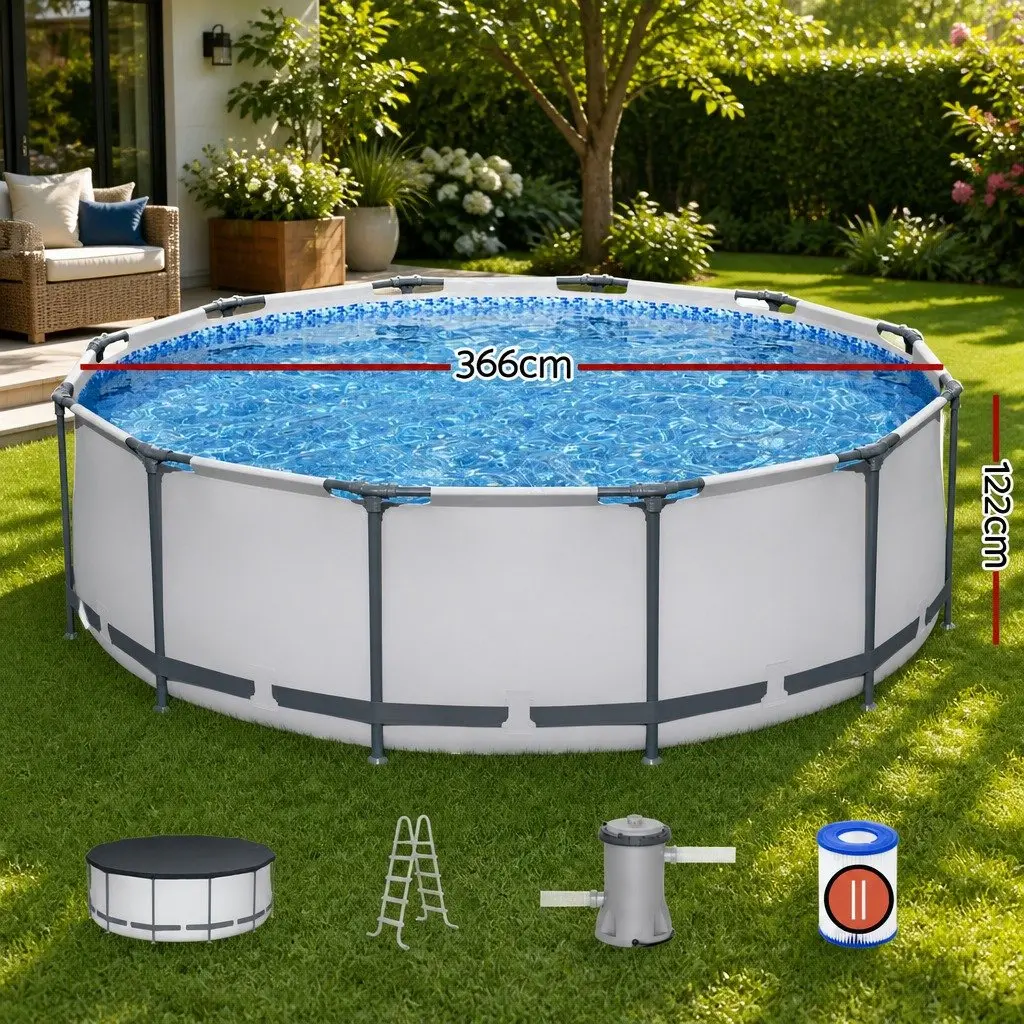 Above Ground Swimming Pool Round 366cm Steel Frame Filter Pump Ladder Cover White