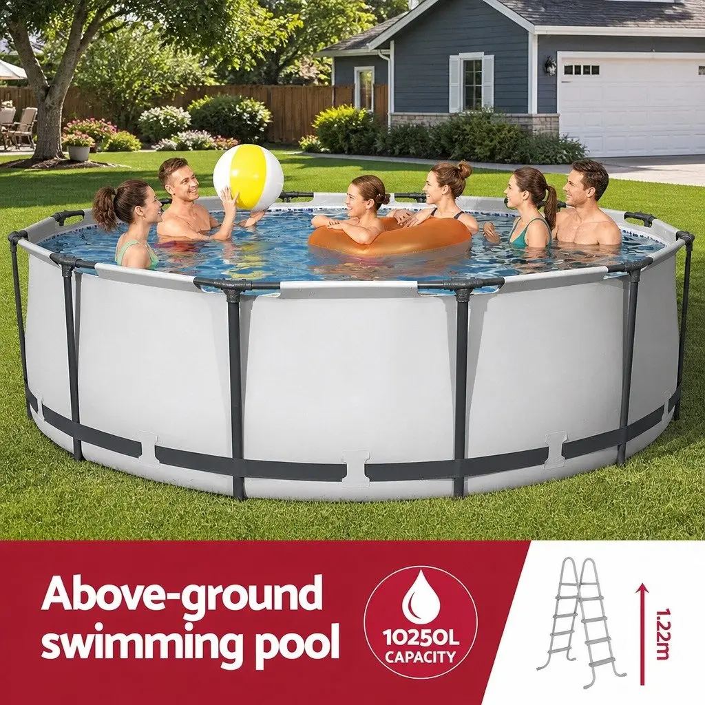 Above Ground Swimming Pool Round 366cm Steel Frame Filter Pump Ladder Cover White