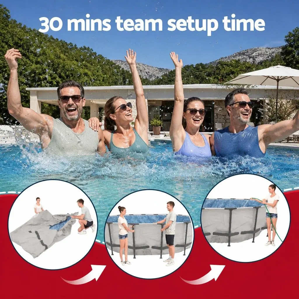 Above Ground Swimming Pool Round 366cm Steel Frame Filter Pump Ladder Cover White