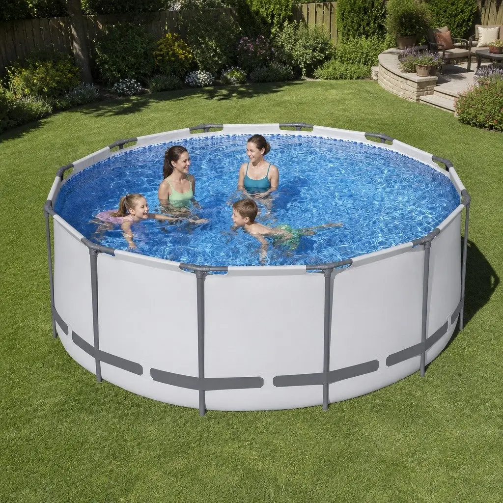 Above Ground Swimming Pool Round 366cm Steel Frame Filter Pump Ladder Cover White