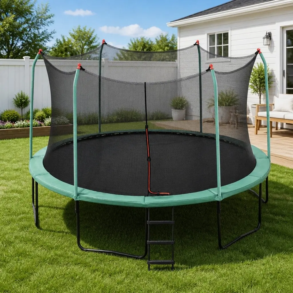 14ft Trampoline Outdoor Kids Jumping Mat Safety Net Enclosure Dark Green
