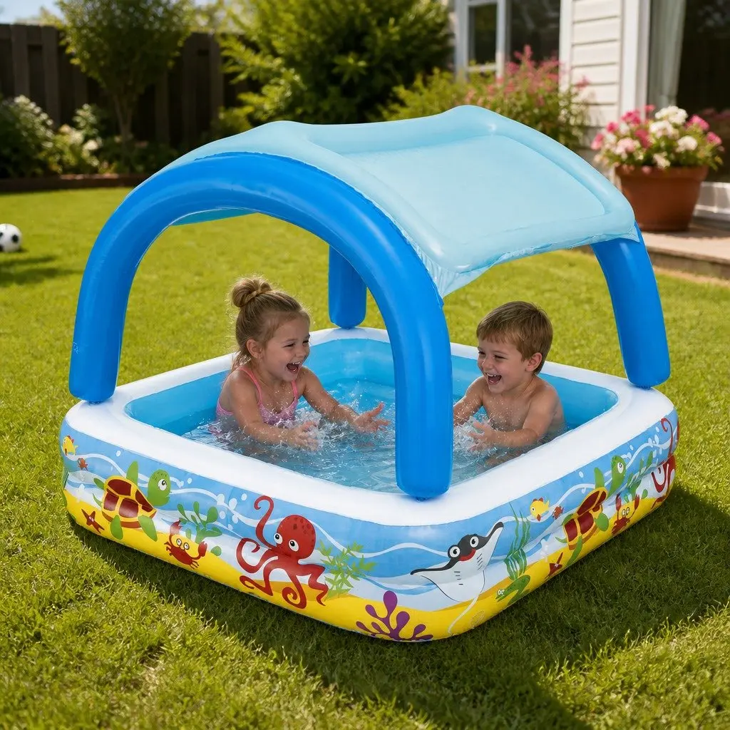 Inflatable Shaded Play Pool with Sunshade Dual-Ring Backyard Water Fun Toddler