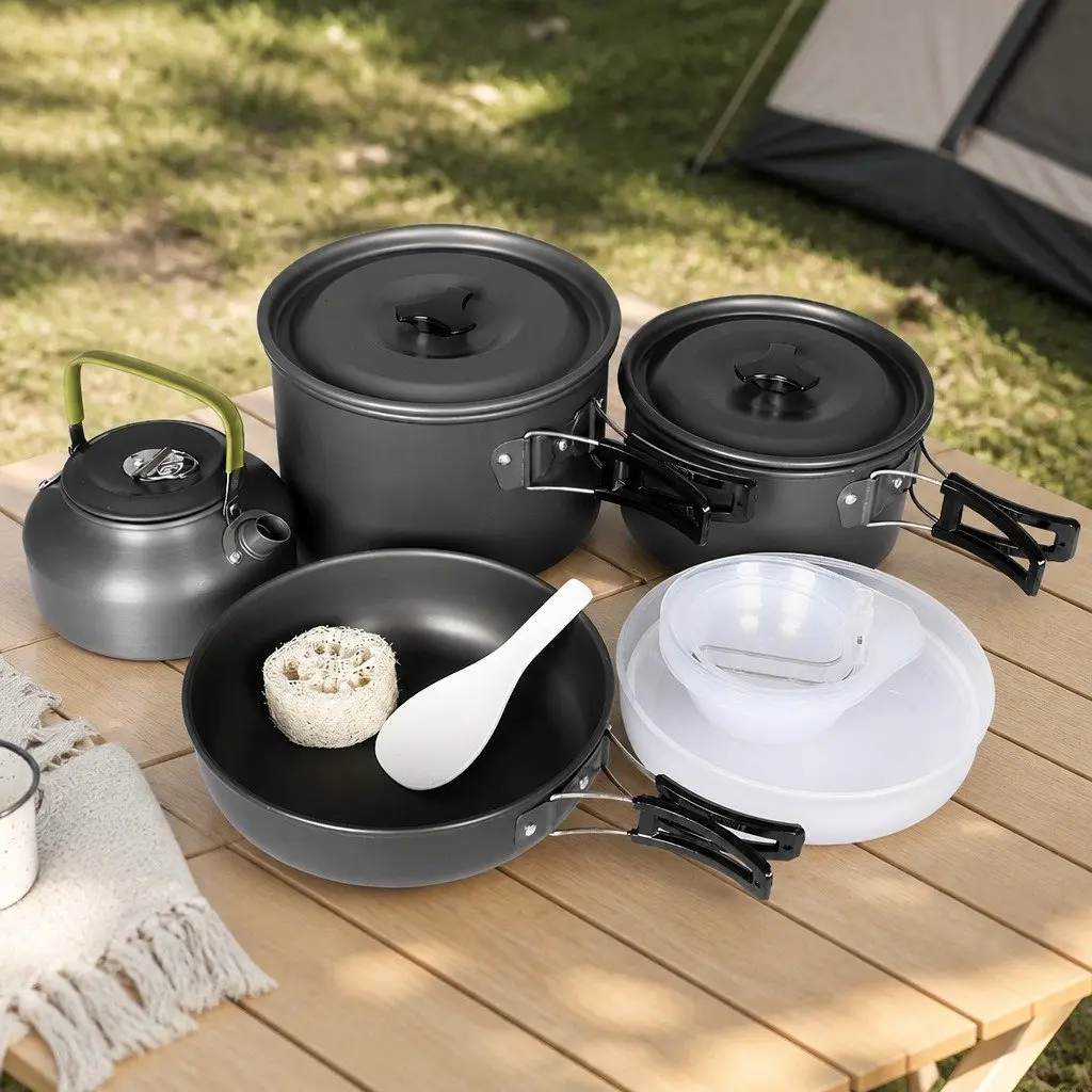 16 Piece Camping Cookware Set Portable Outdoor Cooking Pots Pans Kettle Silver Black