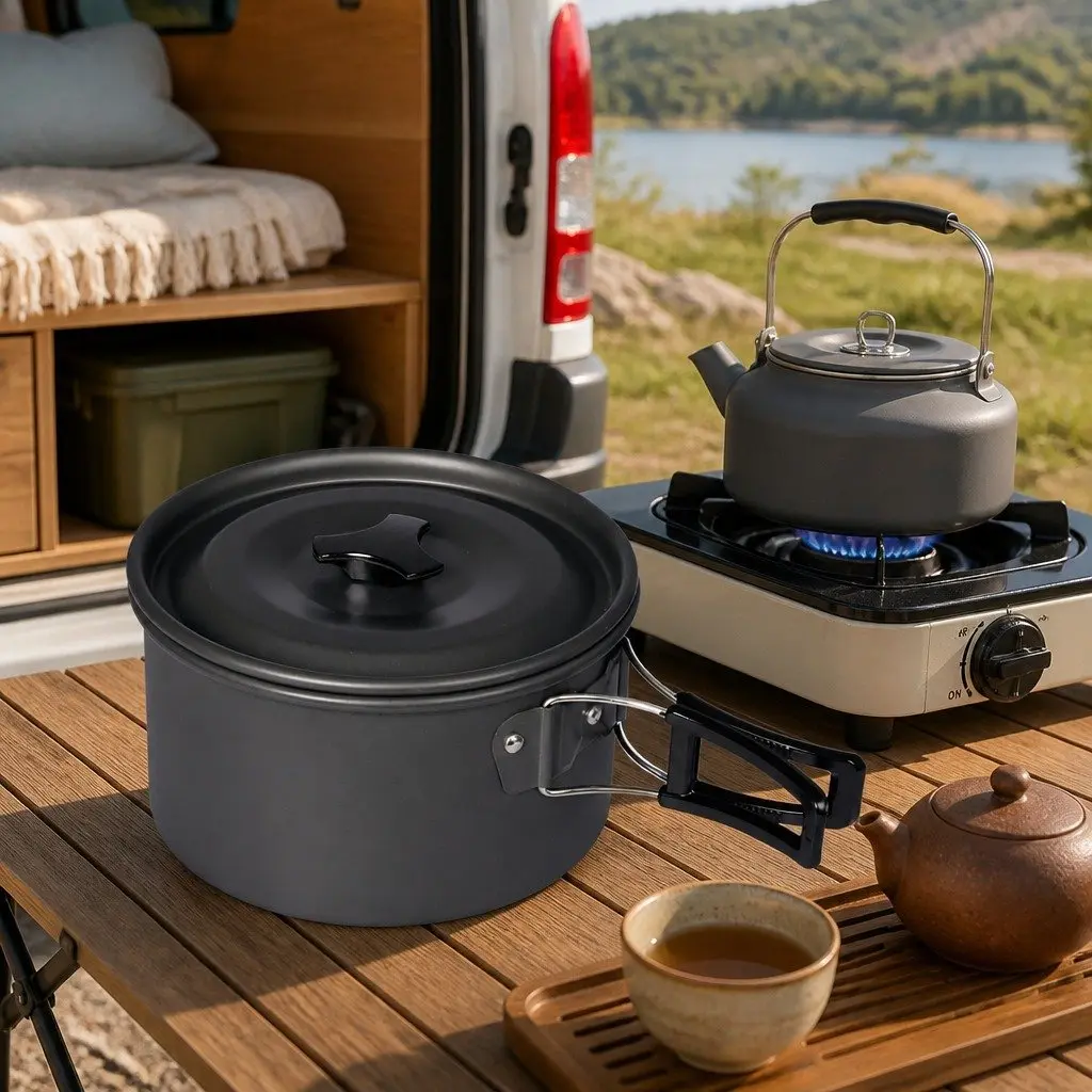 16 Piece Camping Cookware Set Portable Outdoor Cooking Pots Pans Kettle Silver Black