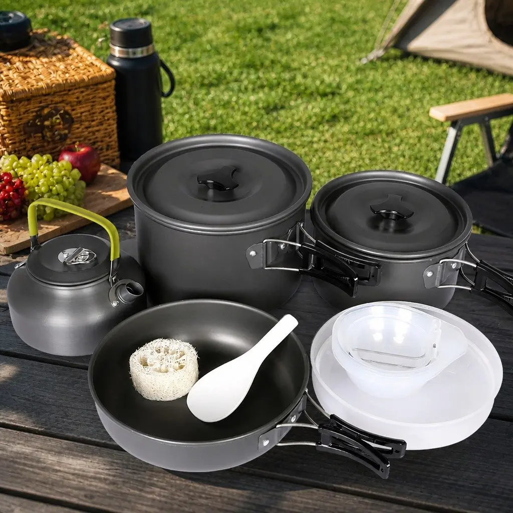 16 Piece Camping Cookware Set Portable Outdoor Cooking Pots Pans Kettle Silver Black