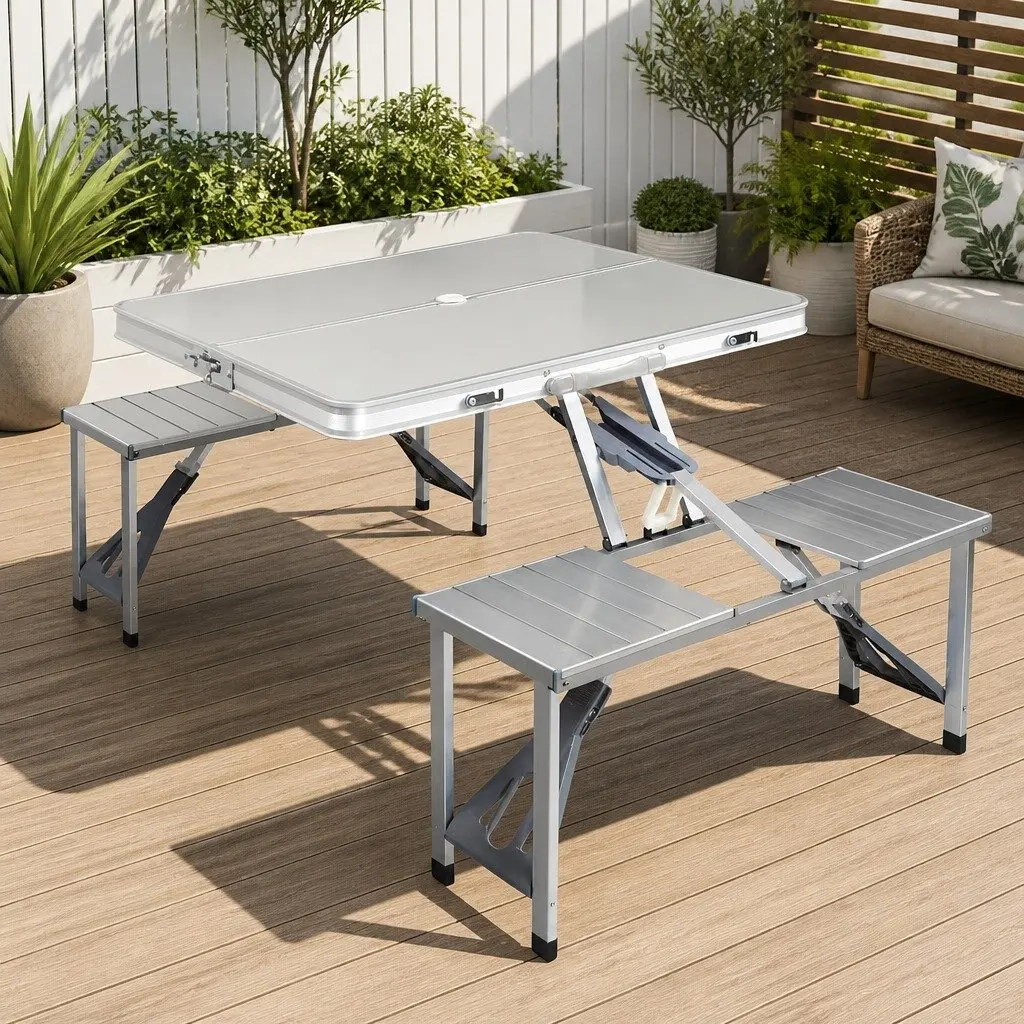 Folding Camping Table Set with 2 Bench Chairs Outdoor Picnic BBQ Table Set
